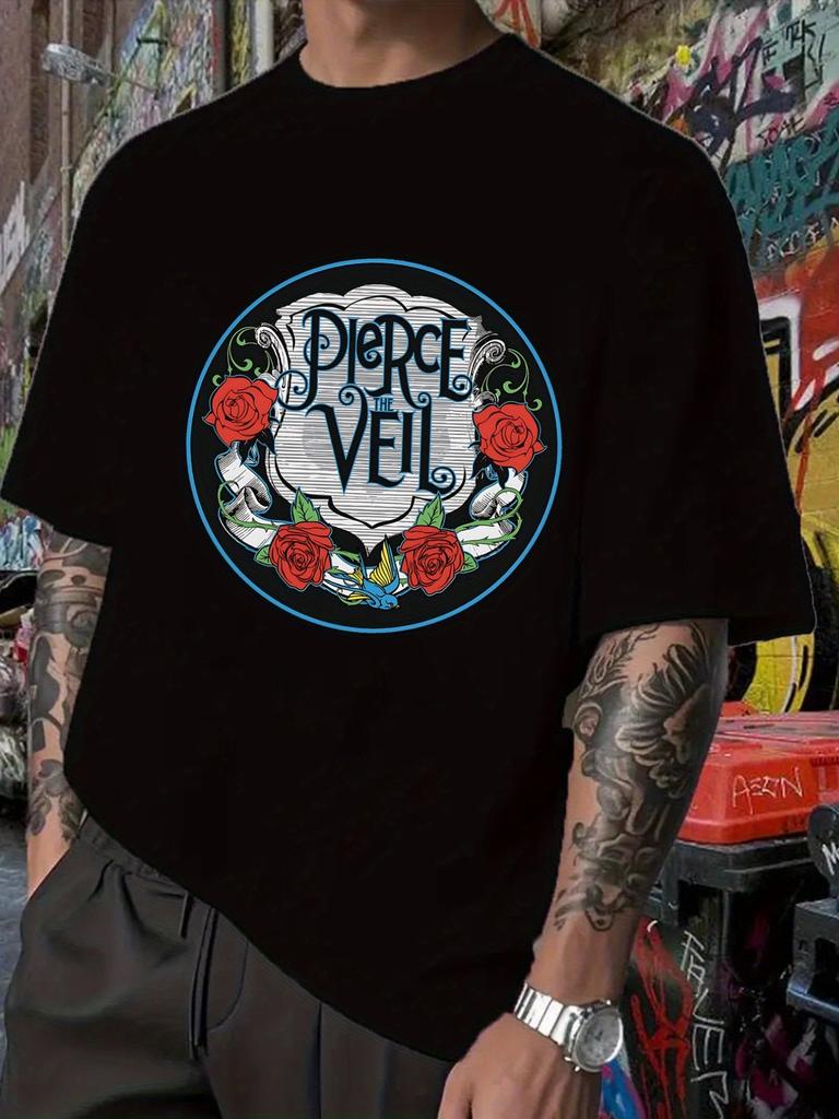 Pierce The Veil Band Graphic T-shirt for Men - Black Short Sleeve Crew Neck Tee with Red Roses & Blue Accents