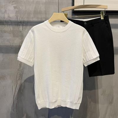 Summer Bottoming T-shirt Knitted Striped Short Sleeves Stretchy Solid Color Round Neck Daily