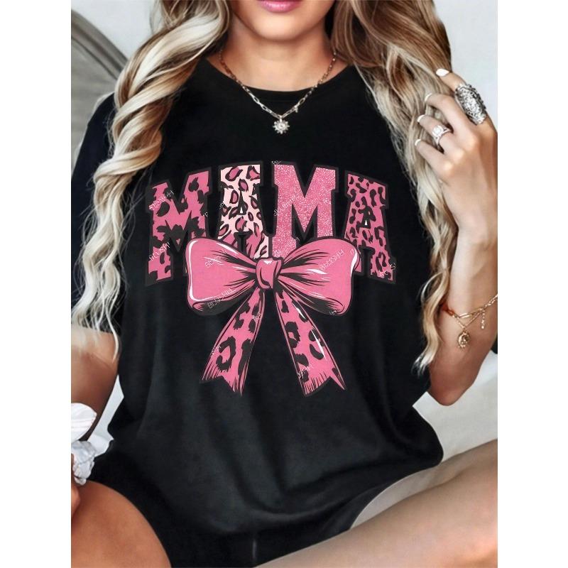 Europäische Größe Damen Übergröße Grafik-T-Shirt Weiches Stretch-Rundhals-T-Shirt mit MAMA Schleifen-Design in Schwarz & Rosa Leopardenmuster Lässig für jeden Tag
