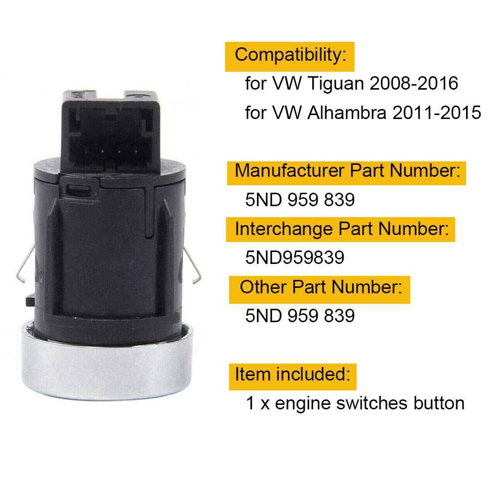 Engine Key Switch, 5ND959839 Engine Key Start Stop Switch for VW Tiguan 08-16 Alhambra 11-15