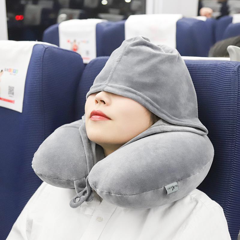 Custom Inflatable Hooded U-shaped Neck Pillow for Travel and Napping.