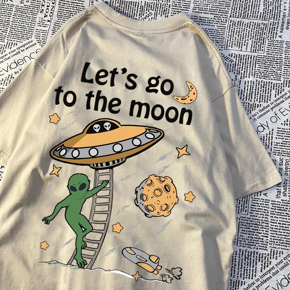 Let'S Go To The Moon Alien Ufo Mens T-Shirt Cotton Loose Tops Loose Crewneck T Shirts Casual Breathable T Shirt Couple Clothes