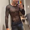 Men's New Mesh Long-sleeve See-through T-shirt, Breathable Fishnet Hollow-out Black T-shirt
