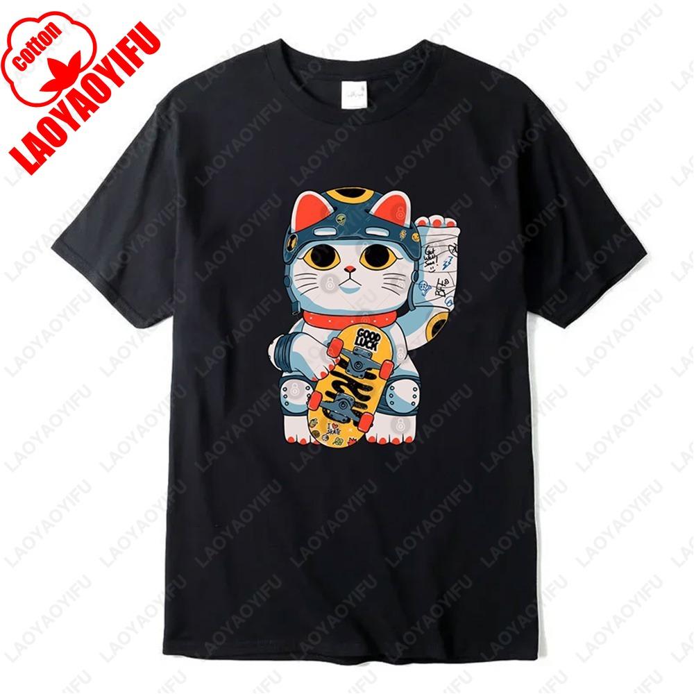 Lucky Cat Snapper Braise Tshirt Japanese Style Cute Kitten Funny Clothes Sushi Popular Trend Fashion Summer Cotton Short Sleev