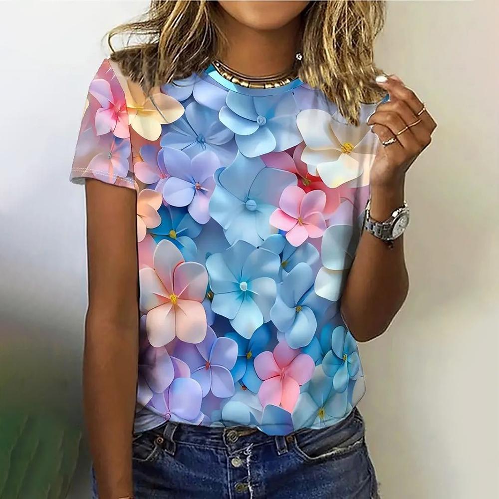 Fashion 3D Floral Print T Shirt for Women Summer Short Sleeve Tees Casual O-Neck Loose Short Sleeve Ladies Top