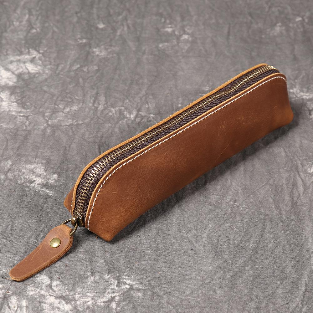 Retro Leather Handmade Pencil Case Crazy Horse Leather Glasses Case Cowhide Art Raw Pencil Storage Bag Leather Case