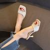 Skinny feet white nude high heels women's 2025 summer new retro square head thin heel sandals one-word cool slippers