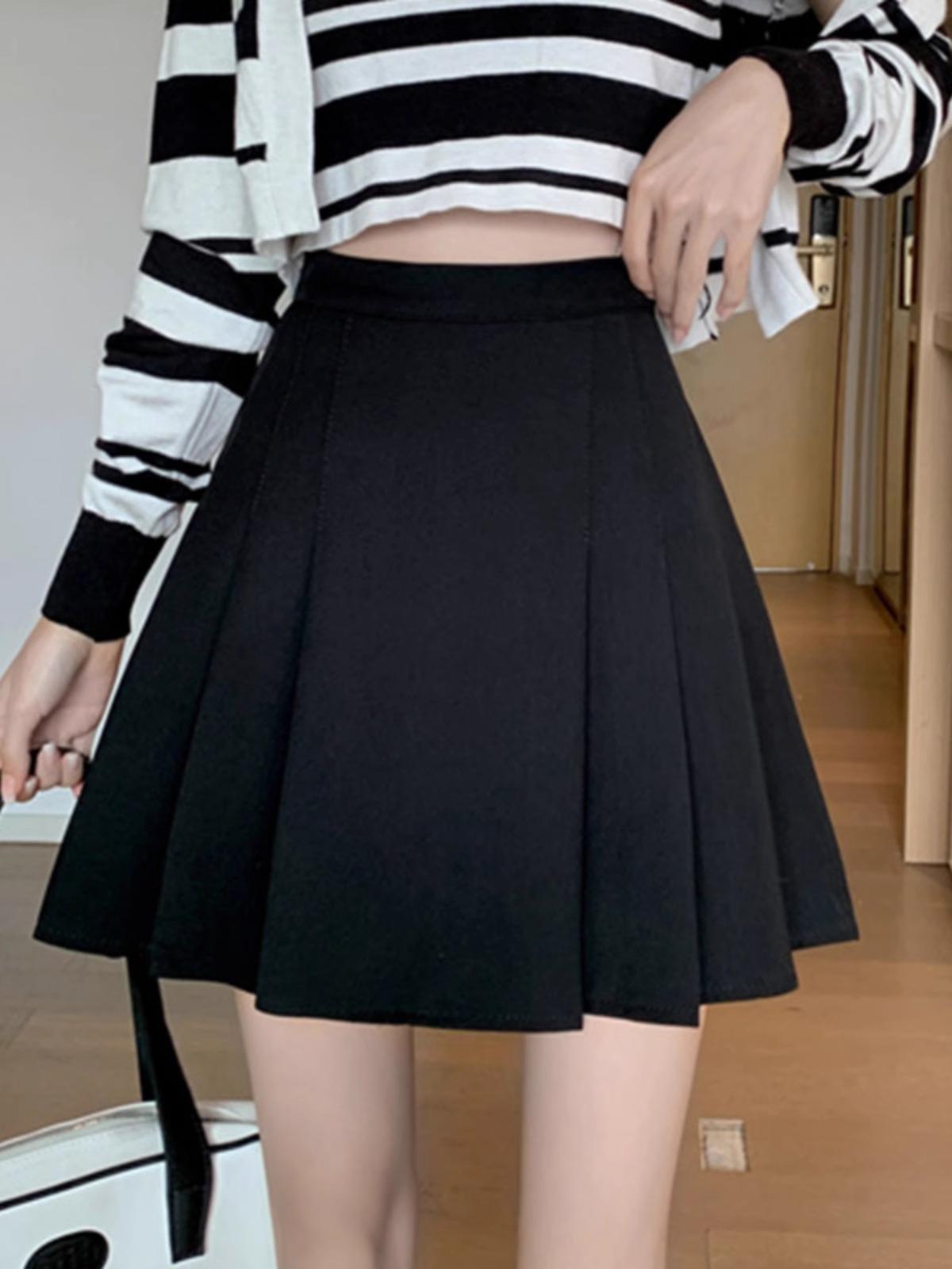 

Spring 2024 Women s Black Pleated High-Waist A-Line Skirt - Korean Fashion XL