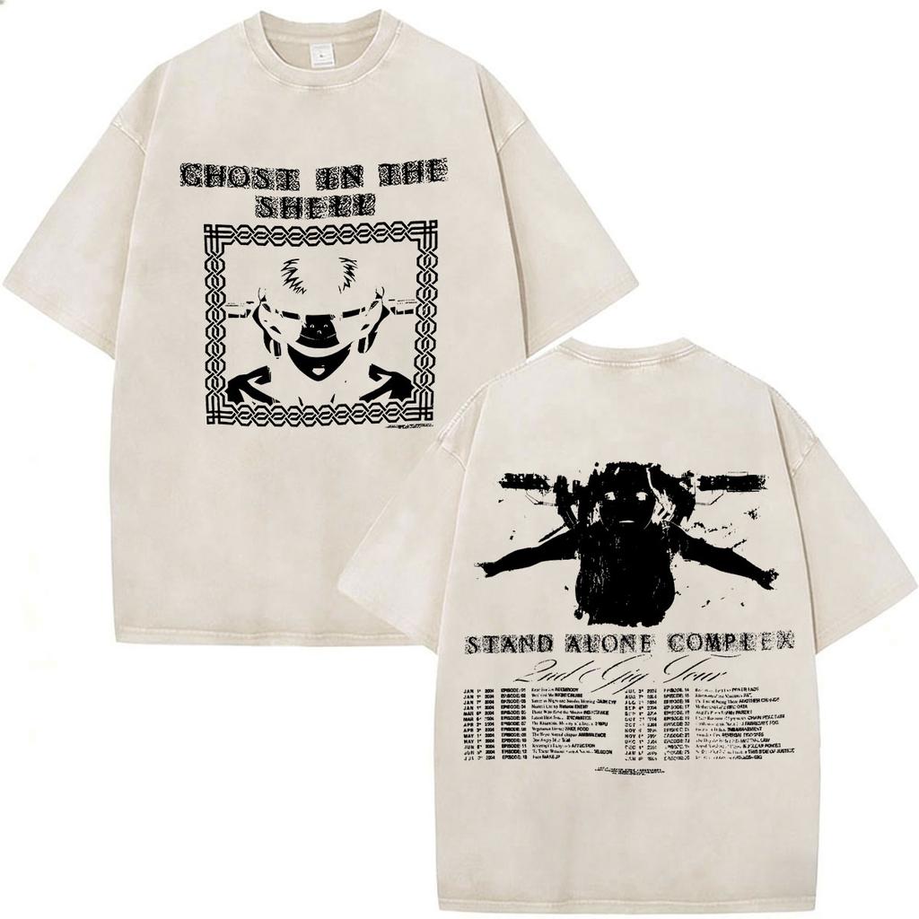 Camisetas Gráficas Vintage Lavadas de Anime Ghost in The Shell Motoko Kusanagi para Hombre y Mujer Moda Camisetas de Manga Corta Oversize