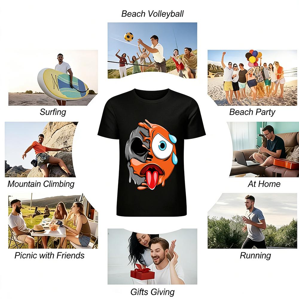 Melting Half Skull Emoji Print Trendy Casual Short Sleeve T-Shirt Pure cotton T-shirt