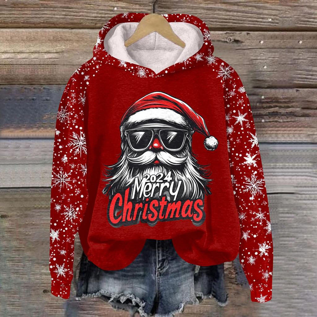 Dammode Pullover Djup Ärm Jul Tryckt Huvtröja