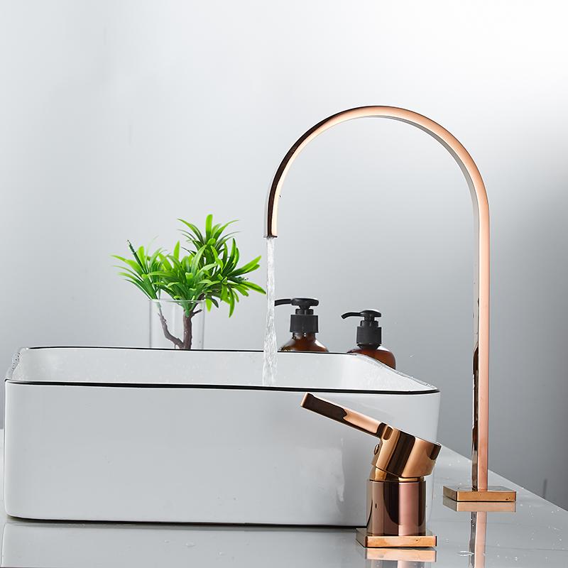 Basin faucet Bathroom super long pipe two holes Rose Gold Widespread bathroom faucet sink tap 360 rotating widespread basin Tap