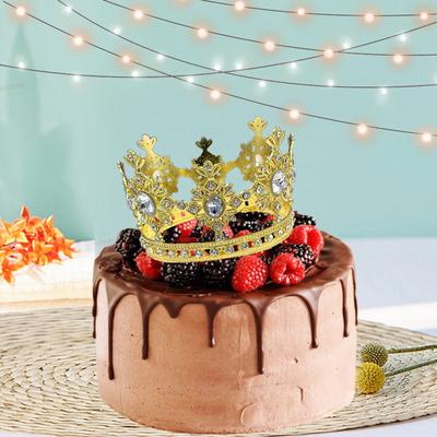 Corona decorativa redonda completa para tarta tiara de pedrería hecha a mano adorno para postre de cumpleaños corona dorada