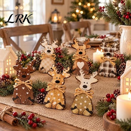 Rustic Style Table Centerpieces Wooden Elk Figurine, Ornament, Vintage Animal Desktop Decoration, 2D Flat Decorations Wall Hanging Ornament with Hemp