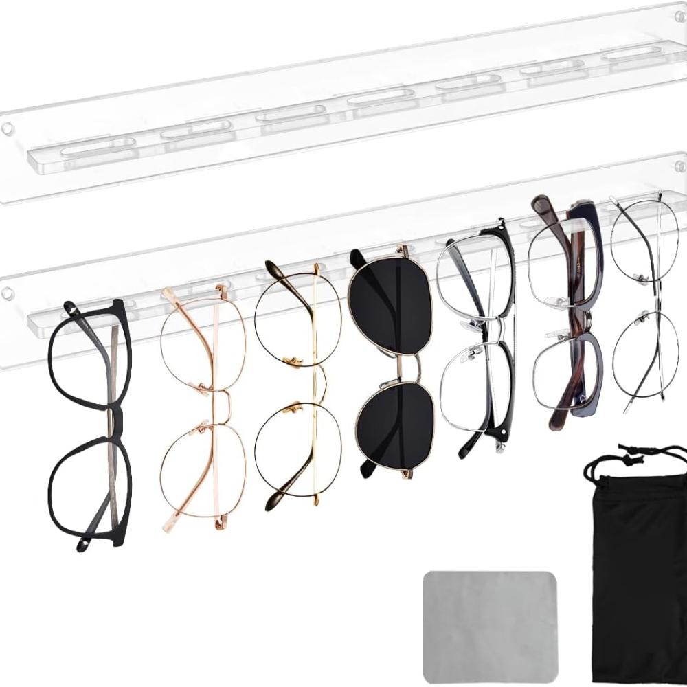 

2 шт. Органайзер для солнцезащитных очков, Акриловые настенные стойки для солнцезащитных очков с сумкой для хранения и салфеткой для чистки, Прозрачные держатели-органайзеры для демонстрации очков,