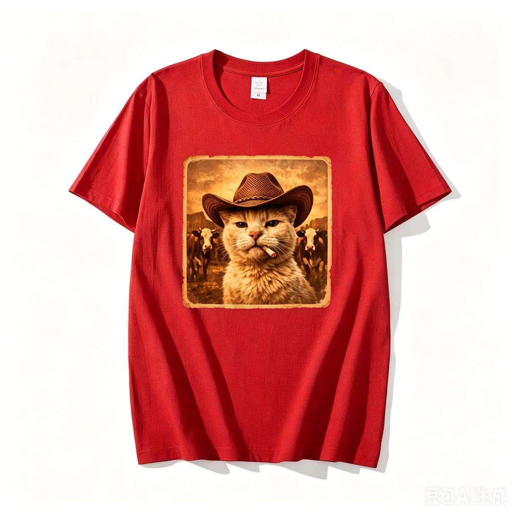 Funny Cowboy Cat Meme T Shirt Unisex Western Graphic Tee Weird Cat Lover Tshirts Retro Meme T Shirts Casual Round Neck Printed Tops