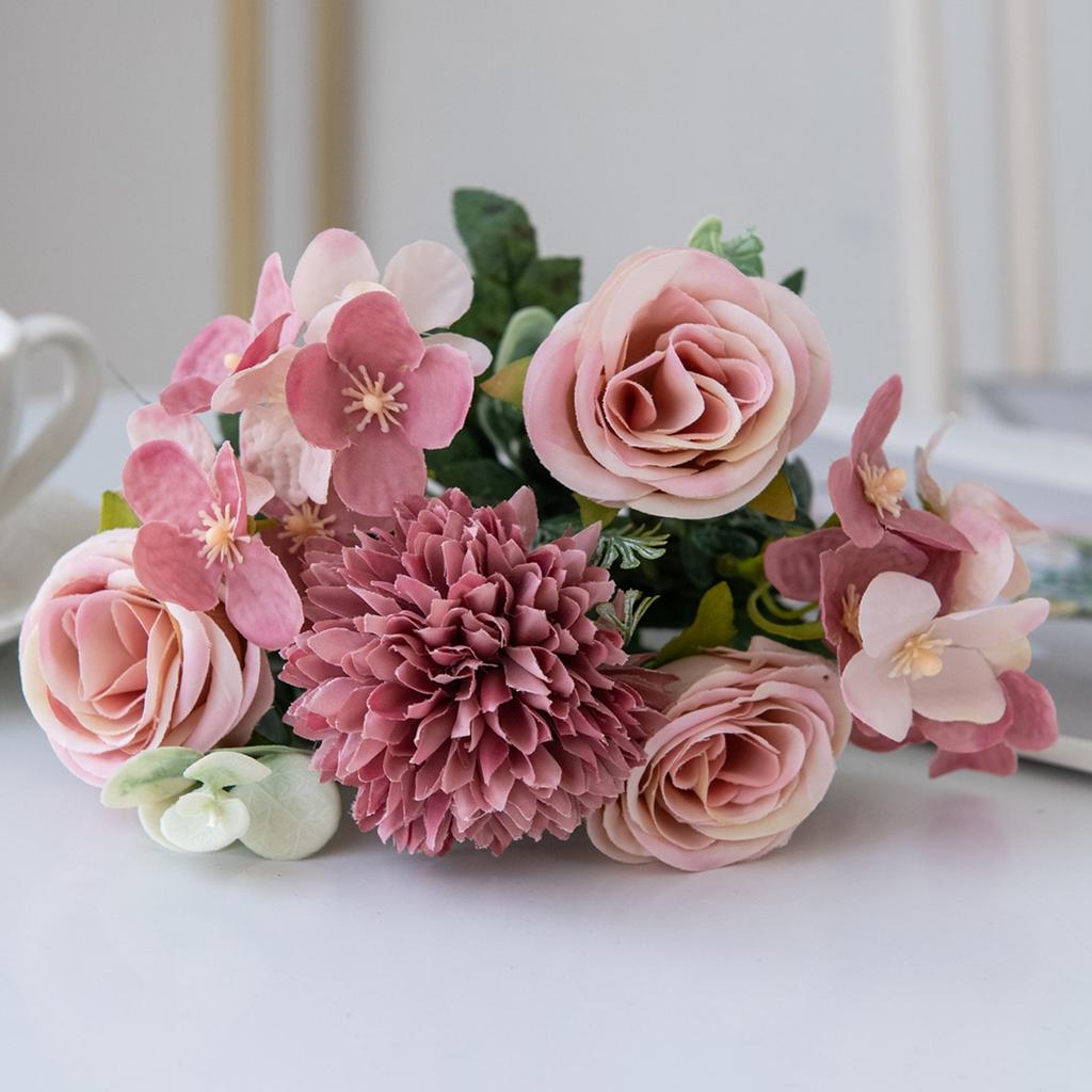 Artificial Flowers Retro Silk Rose Bouquet Hydrangea Peony Vintage Bride Holding Fake Plants Home Wedding Decoration Accessories