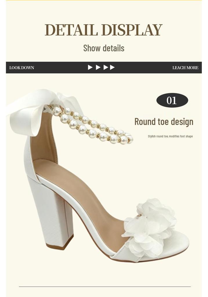 Women's Open Toe High Heel Sandals with Ribbon Pearl Chain - Plus Size Evening Summer Shoes