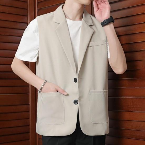 Men Suit Vest Lapel Sleeveless Two-Button Business Waistcoat Pockets with Side Placket Solid Color Casual Vest Coat