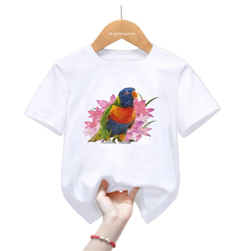 Sommar Tecknad Cockatiel Fågel Tryck T-shirt För Flickor/Pojkar Rolig Papegojfågel Barnkläder Kortärmad T-shirt