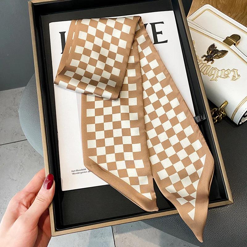 Skinny Ribbon Silk Scarfs for Women Luxury Lattice Checkerboard Print Neck Ties Hairband Bag Neckerchief Foulard Female headband