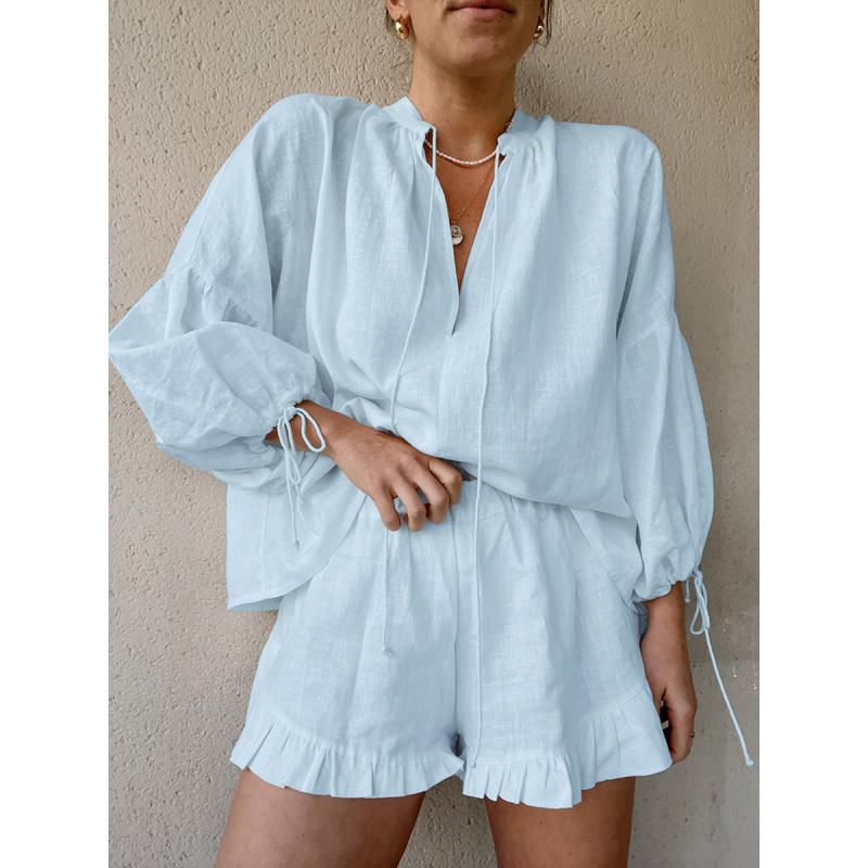Spring/Summer White Cotton-Linen Set For Women Casual Fashion Lantern Sleeve Top And Shorts Two-Piece Set