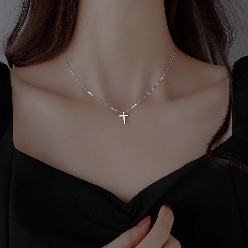 New 925 Sterling Silver Box Chain Cross Charm Pendants Necklace for Women Girls Statement Party Jewelry Dz094