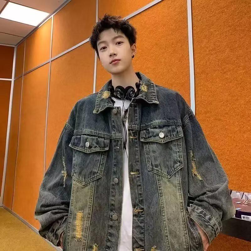 Mens Vintage Distressed Denim Jacket Loose Fit Fall Casual Outerwear