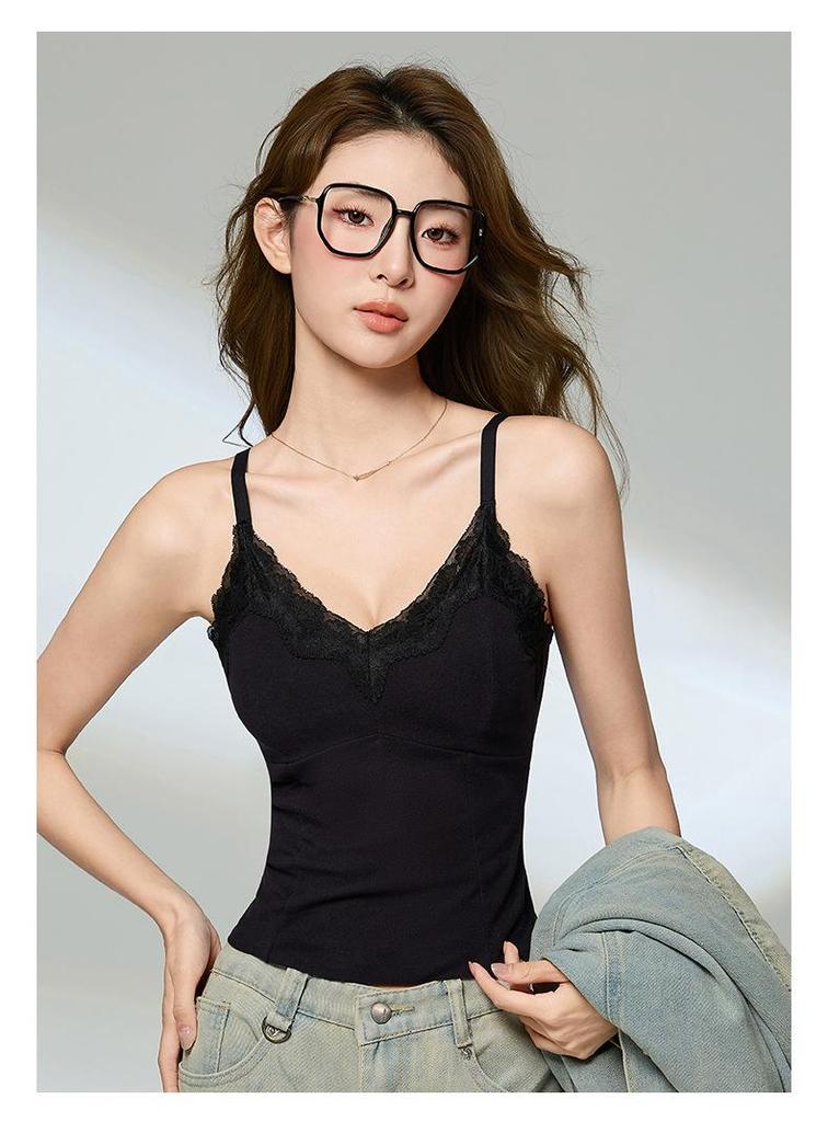 White-Enhancing V-Neck Lace Warm Camisole with Chest Pads - Women's Autumn/Winter Base Layer