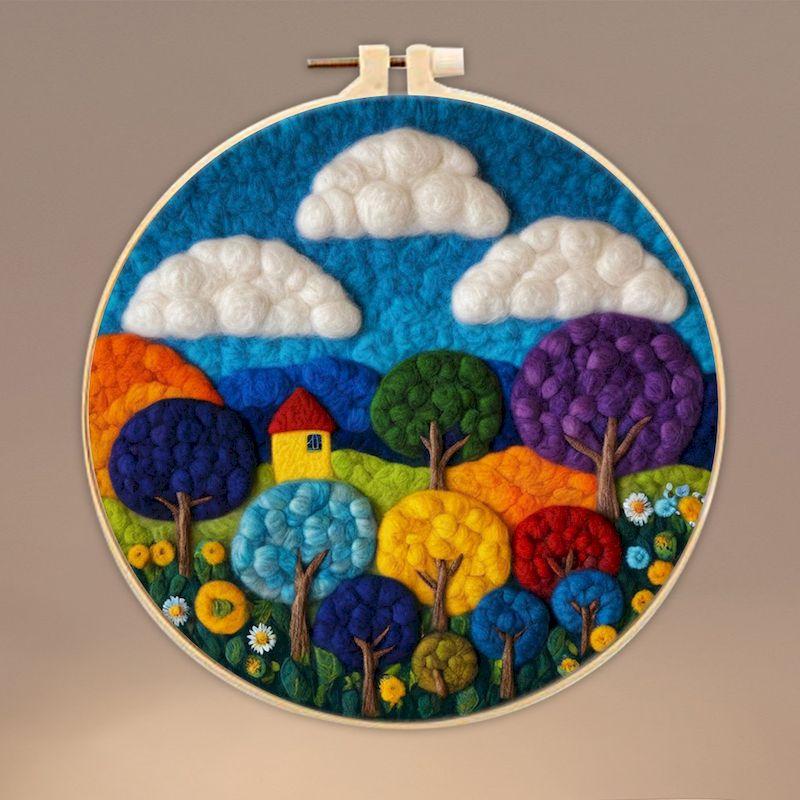 CHENISTORY Wool Felt Painting Diy Creative Making Wool Felt Kit With Embroidery Colorful Scenery Needle Wool Painting Complete K
