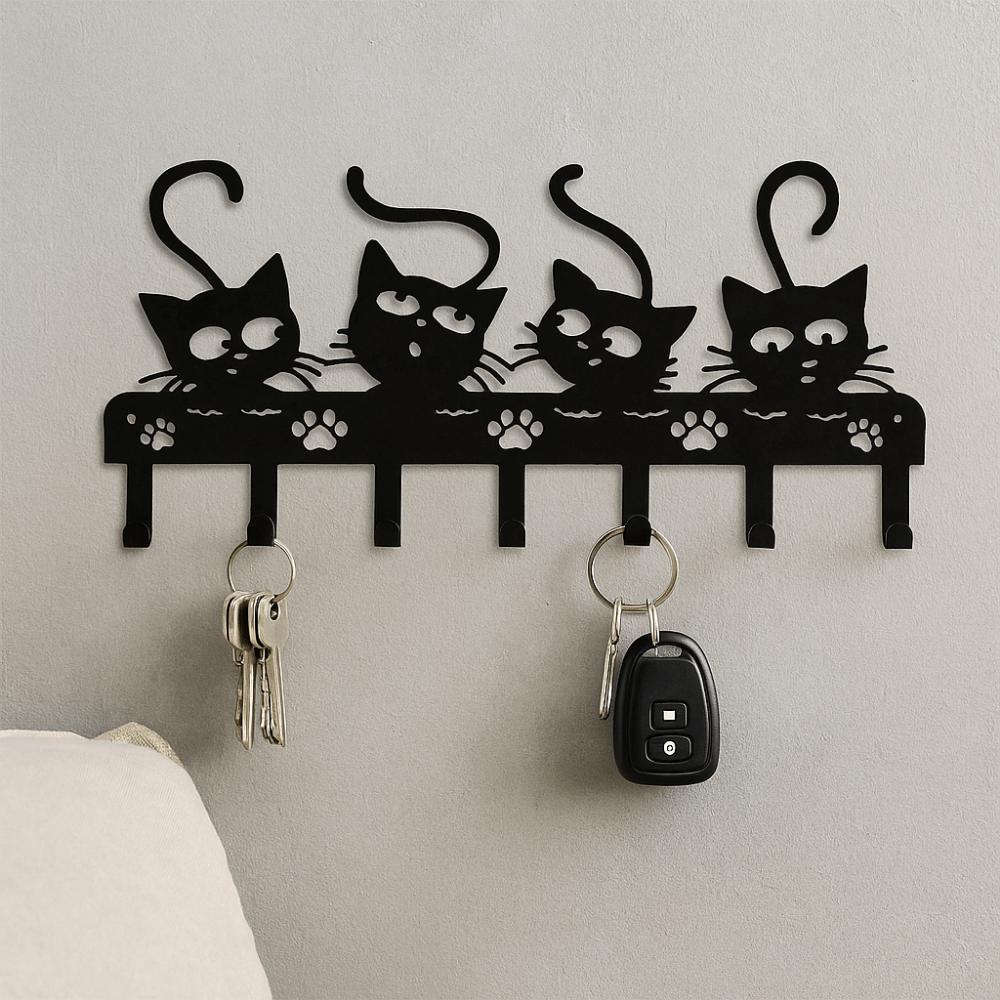 Stylish Nordic Black Cat Wall Hook Black Iron Cartoon Cat Coat Hook 7 Hooks Wall Hanging Clothes Storage Rack Hallway