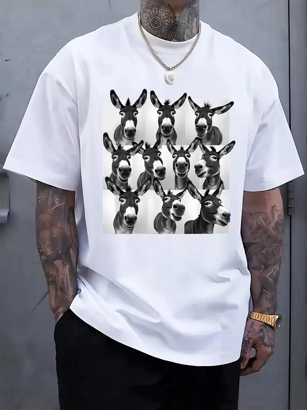 

Casual Donkey Face Print T-shirt - Light Gray Crew Neck Short Sleeve Tee with Black & White Graphic Design XL