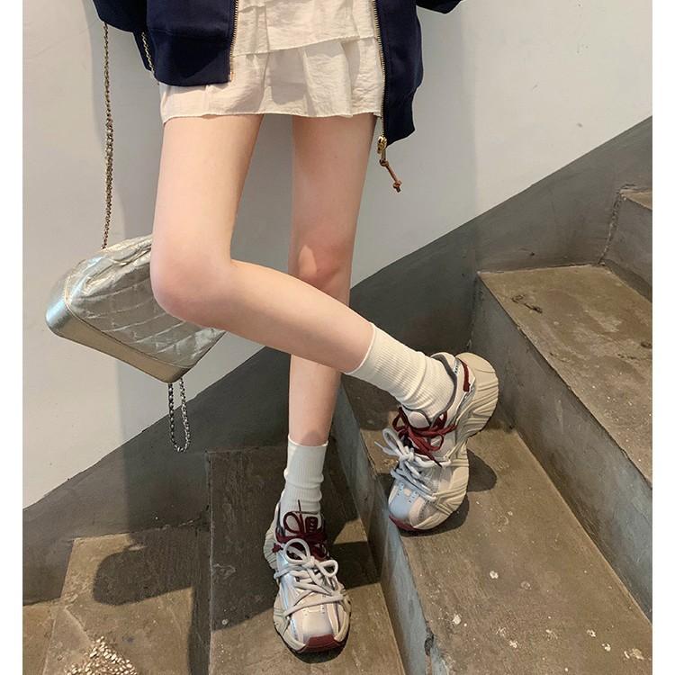 Sheepskin version~ fashionable mesh splicing thick-soled heightening sports and leisure shoes dad shoes women's new leather muffin shoes