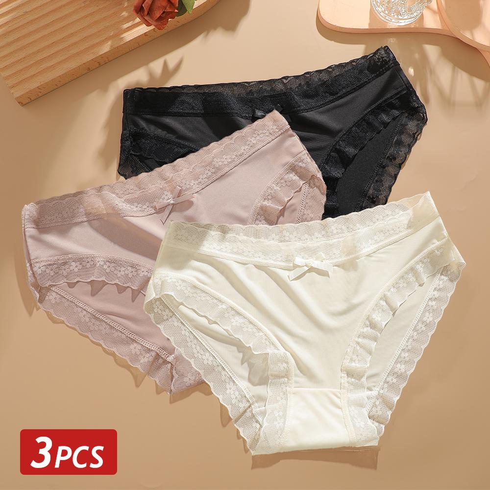 3PCS/Set Seamless Panties Ice Silk Lace Perspective Briefs Ultra Thin Breathable Underwear Cool Summer Female Sexy Lingerie