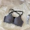 Women Plaid Bras Backless Push Up Underwear Wireless Sexy Design Deep V Brassiere For Lady