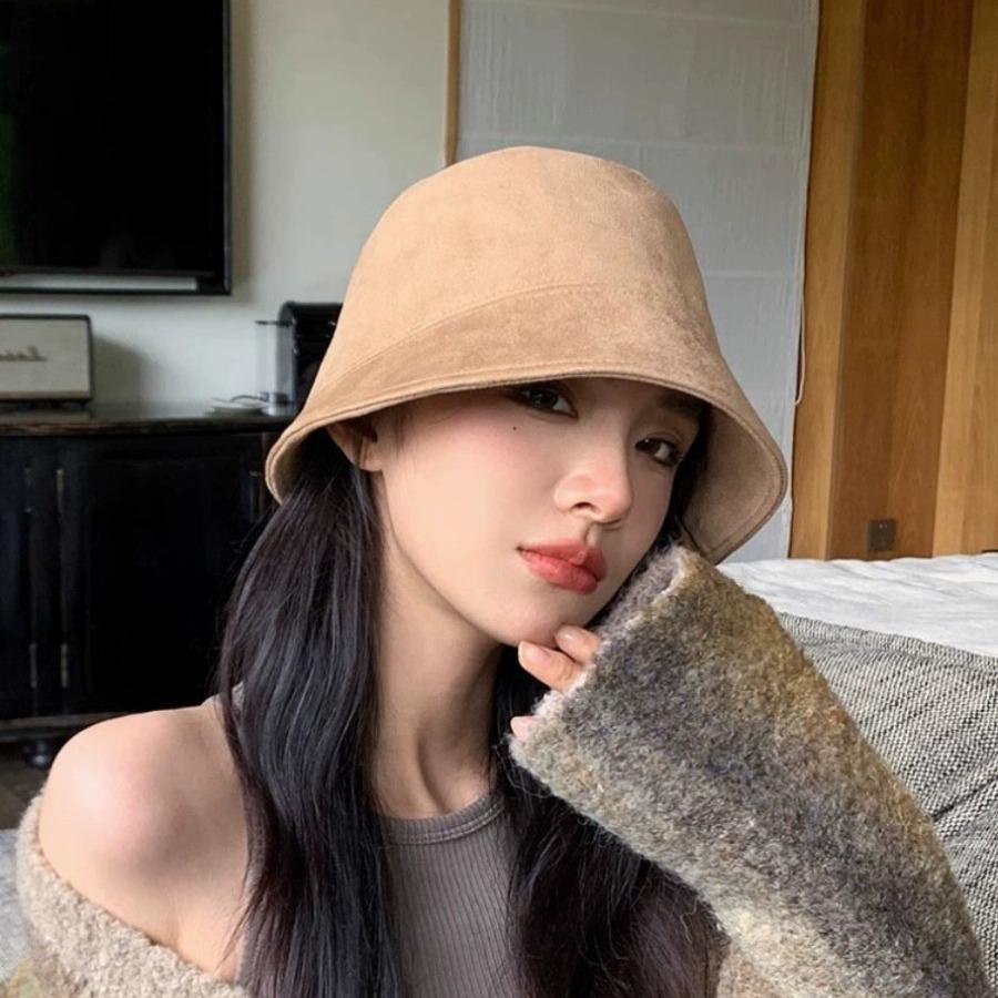 Korean Suede Bucket Hat for Women Solid Color Foldable Fisherman Cap Outdoor Sunscreen Female Panama Sun Hats