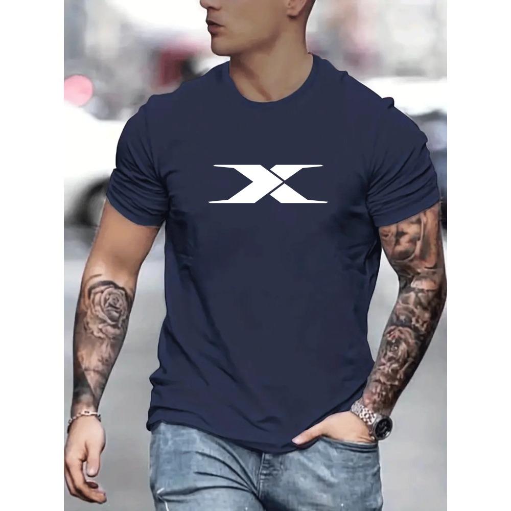 Summer men's 100% cotton casual loose fit large X letter print round neck short sleeved T-shirt top High Street Unisex style