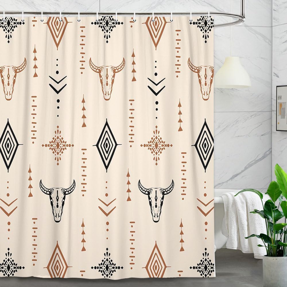 Western Shower Curtain,Abstract Aztec Geometric Southwestern Cactu Skull Bull Bath Accessories Decor, Navajo Native Shower