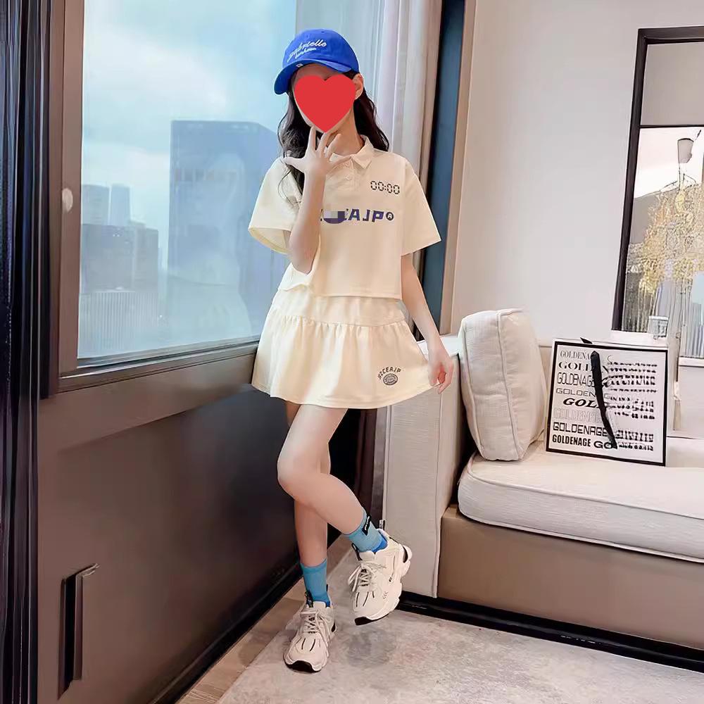 Girls' Summer 2024 Polo Collar Letter Top & Pants Set