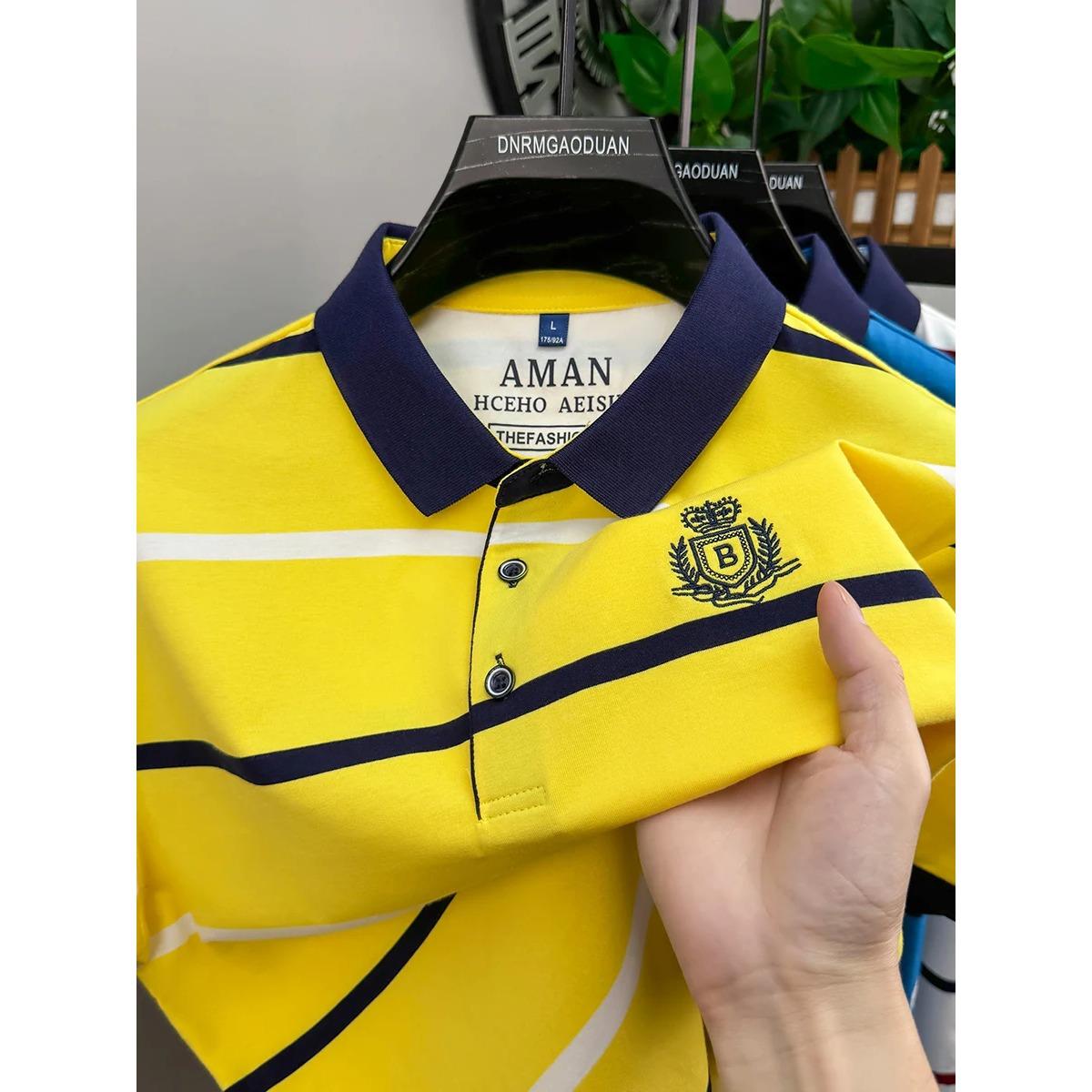 

STORN Fashion Striped Short Sleeve Men Polo Shirt Letter Embroidery Design Business Casual Breathable Paul T-shirt 4XL жовтий