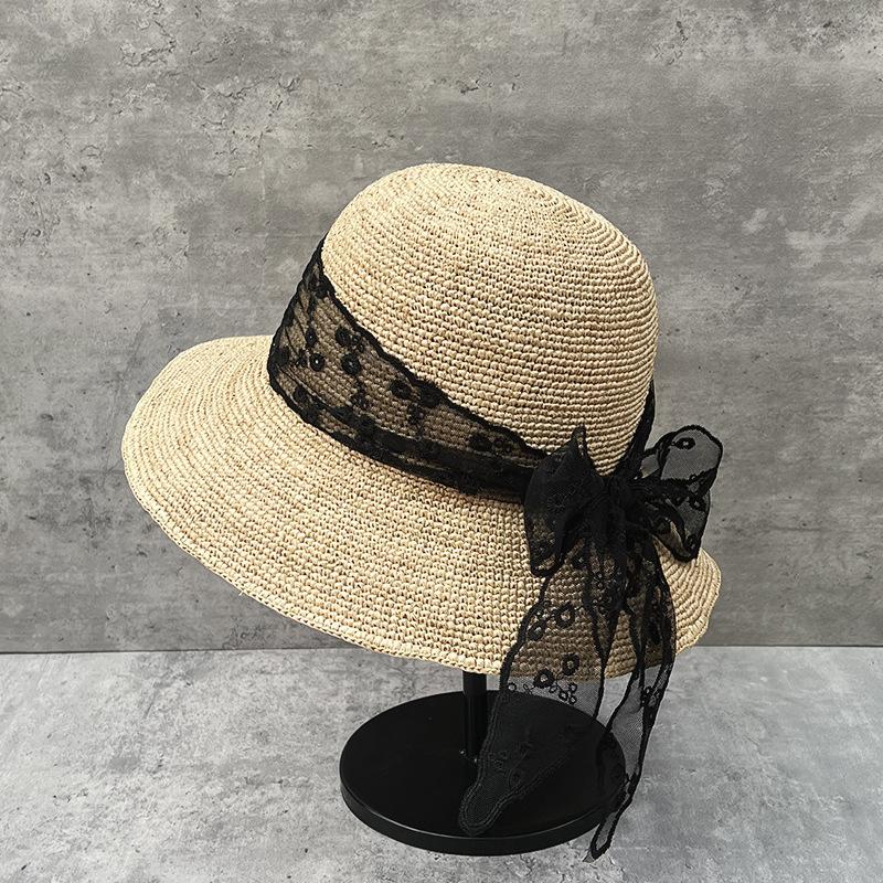 Sweet Lace Bow Streamer Straw Hat Women Spring Summer Thin Raffia Straw Bucket Hat Travel Vacation Visor