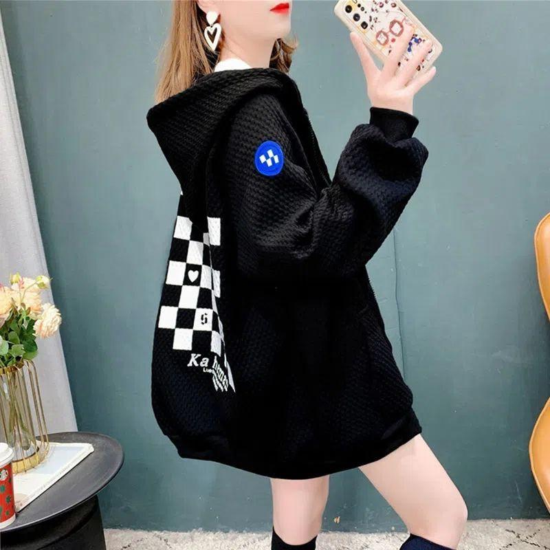 Spring and Autumn Korean Edition Fashion Sweet Cool Letter Plaid Print Pocket Loose Relaxed Oversized Hoodie Coat