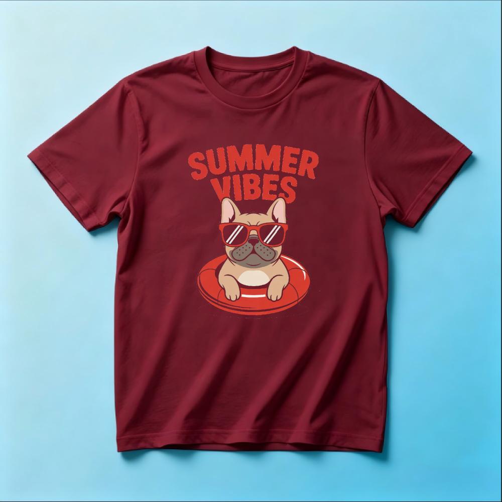 French Bulldog Summer Swim Ring SunglassesunisexT Shirt Summer Vibes Dog Lover Gift Beach Vacation Tee Cartoon Casual Holiday Top