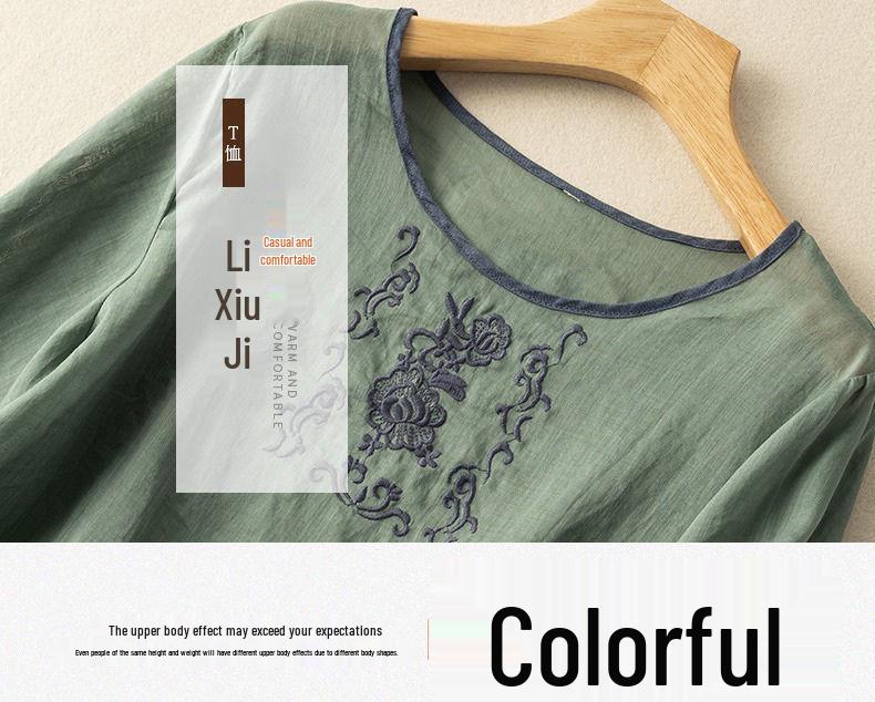 2024 Summer Retro Embroidered Cotton-Linen Colorblock Chinese Style Pullover Shirt