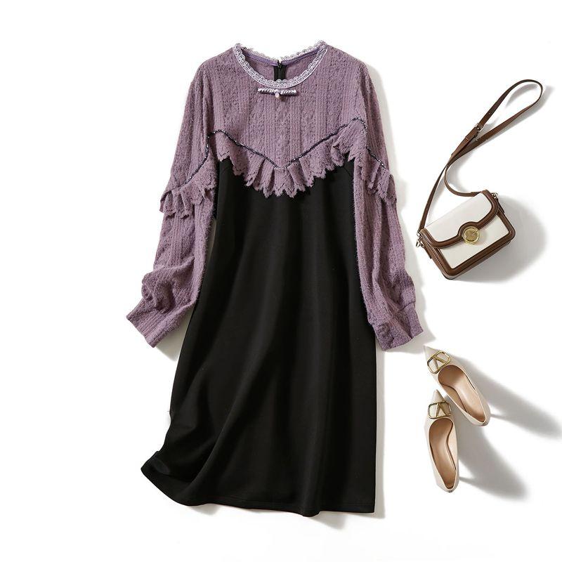 

Konjac Purple Lotus Leaf Crochet Lace Patchwork! Elegance Life Women s Long Sleeve round Neck Cocoon Shaped Cotton Inclusive Dress Black 3XL