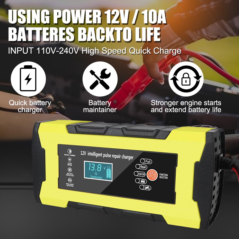 12V 10A Intelligent Fast Power Charging Car Motorcycl Battery Charger Auto Pulse Repair Digital LCD Display Automatic Smart Fast
