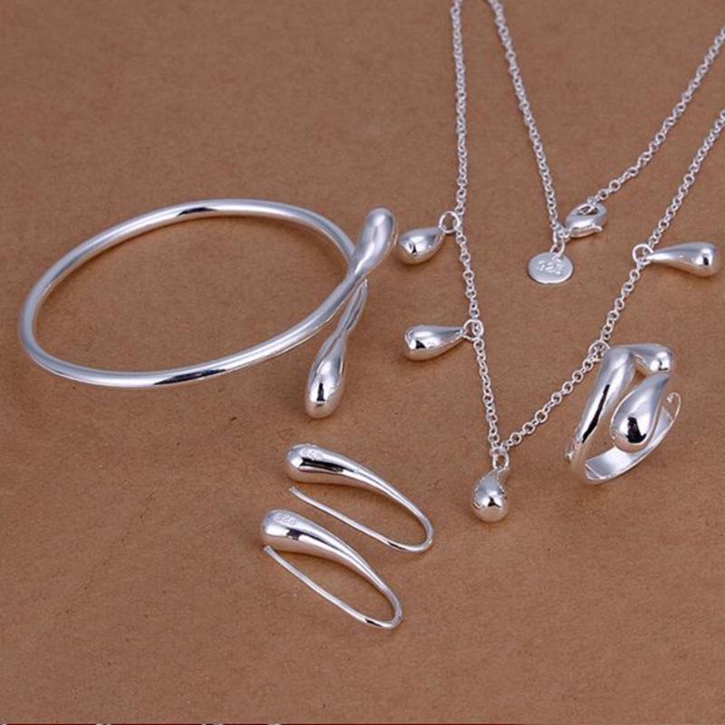 European & American Fashion Silver-Plated Jewelry Set: Exquisite Drop Bracelet, Necklace, Earrings, and Ring