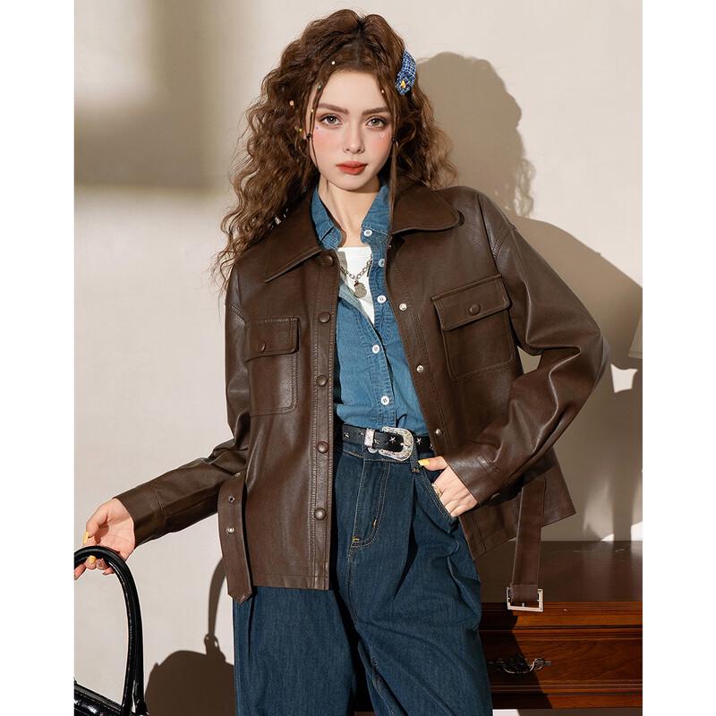 ET BOITE Women's Retro Loose Casual Faux Leather Jacket