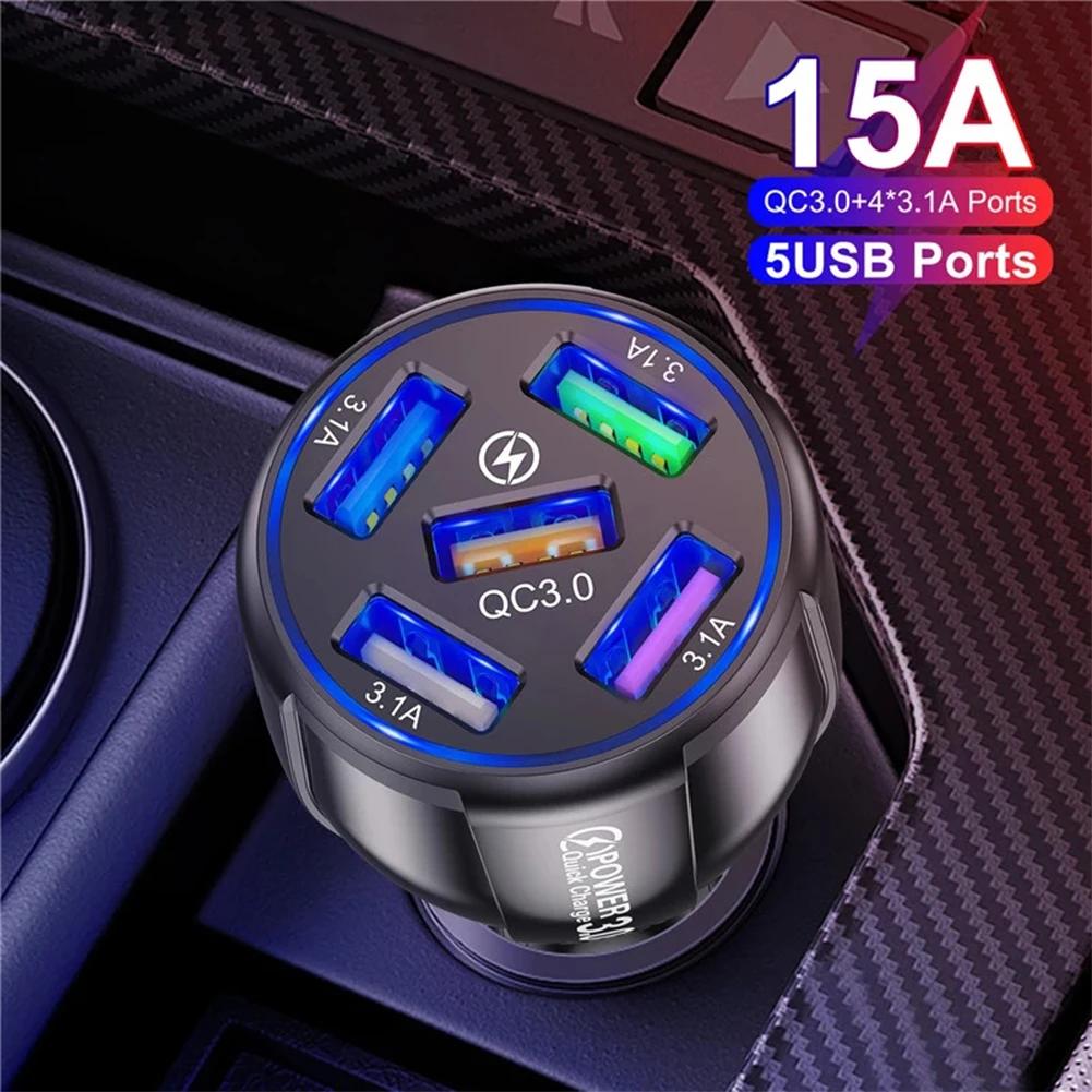 15A 5 Ports USB Car Charge Mini LED Fast Charging For iPhone 12 Xiaomi Huawei Mobile Phone Charger Adapter In Car Tablet