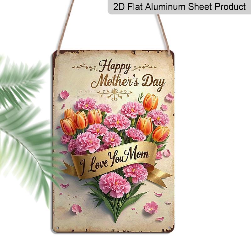 

2D Flat, Vintage Mother S Day Wall Art - Happy Mother S Day Floral Design with Tulips & Carnation, Golden Ribbon I Love You Mom - Charming 8x12 20*30cm